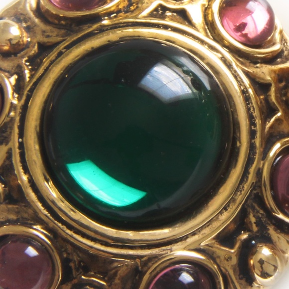 Denaive Paris Large Emerald Green Glass Cabochon Clip Style Earrings 1980s - Picture 6 of 11